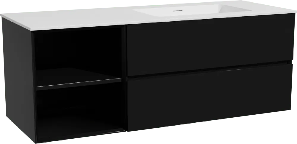 Storke Edge meuble salle de bains suspendu 140 x 52 cm noir mat avec Mata plan vasque asymétrique à droite en solid surface blanc mat