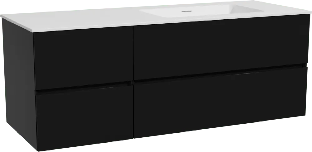 Storke Edge meuble salle de bains suspendu 140 x 52 cm noir mat avec Mata plan vasque asymétrique à droite en solid surface blanc mat