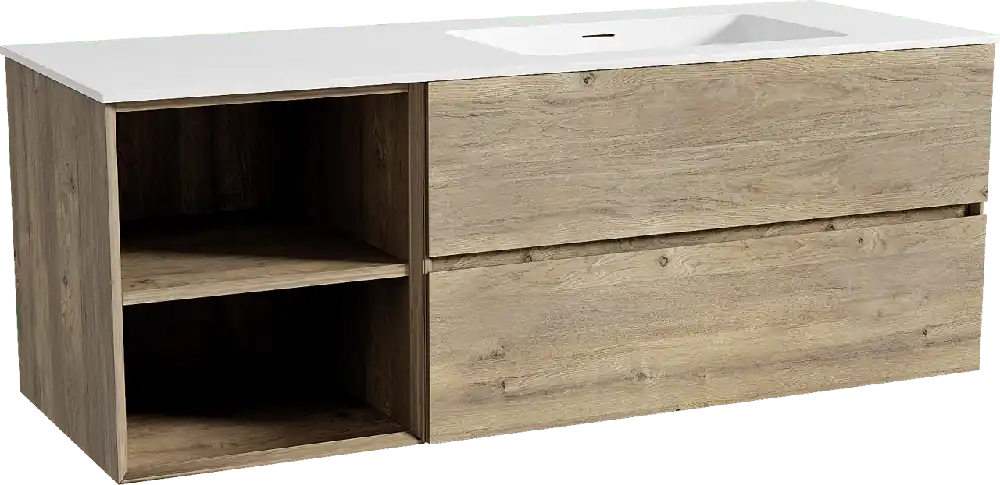 Storke Edge meuble salle de bains suspendu 140 x 52 cm chêne brut avec Mata plan vasque asymétrique à droite en solid surface blanc mat