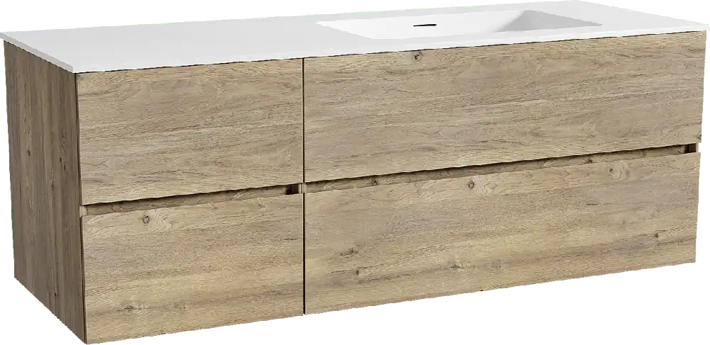 Storke Edge meuble salle de bains suspendu 140 x 52 cm chêne brut avec Mata plan vasque asymétrique à droite en solid surface blanc mat