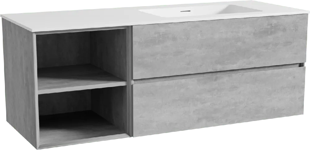 Storke Edge meuble salle de bains suspendu 140 x 52 cm béton gris foncé avec Mata plan vasque asymétrique à droite en solid surface blanc mat