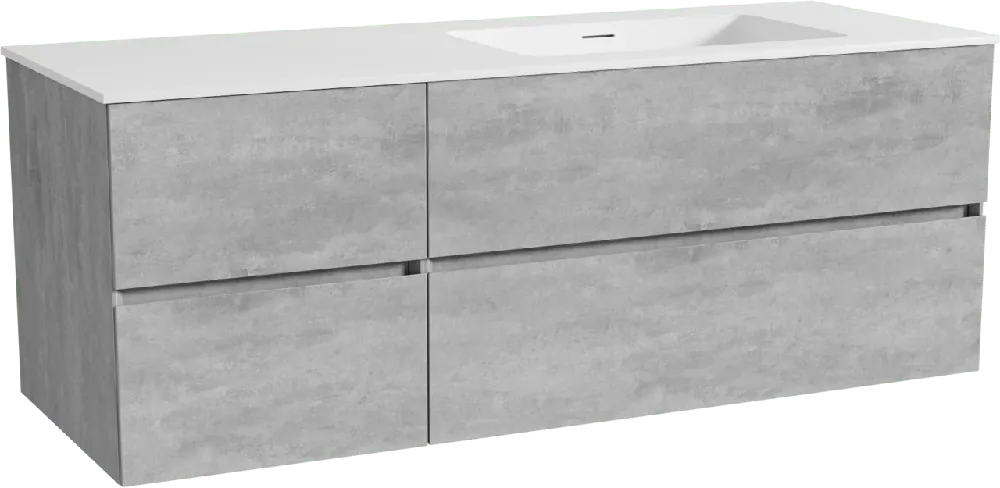 Storke Edge meuble salle de bains suspendu 140 x 52 cm béton gris foncé avec Mata plan vasque asymétrique à droite en solid surface blanc mat