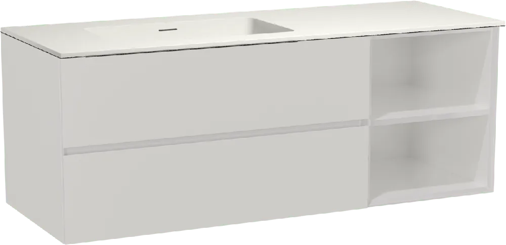 Storke Edge meuble salle de bains suspendu 140 x 52 cm blanc brillant avec Mata plan vasque asymétrique à gauche en solid surface blanc mat