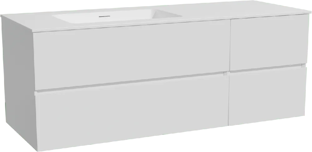 Storke Edge meuble salle de bains suspendu 140 x 52 cm blanc brillant avec Mata plan vasque asymétrique à gauche en solid surface blanc mat