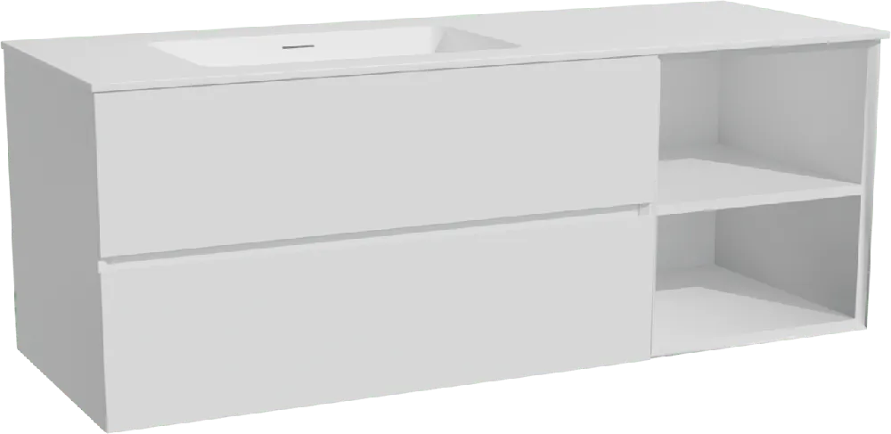 Storke Edge meuble salle de bains suspendu 140 x 52 cm blanc mat avec Mata plan vasque asymétrique à gauche en solid surface blanc mat