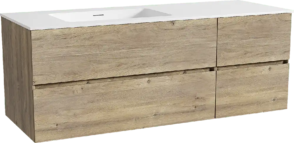 Storke Edge meuble salle de bains suspendu 140 x 52 cm chêne brut avec Mata plan vasque asymétrique à gauche en solid surface blanc mat