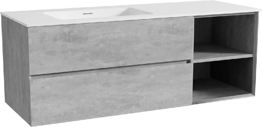 Storke Edge meuble salle de bains suspendu 140 x 52 cm béton gris foncé avec Mata plan vasque asymétrique à gauche en solid surface blanc mat