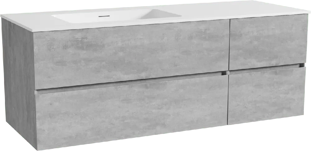 Storke Edge meuble salle de bains suspendu 140 x 52 cm béton gris foncé avec Mata plan vasque asymétrique à gauche en solid surface blanc mat