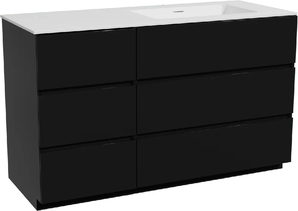 Storke Edge meuble salle de bains à poser 130 x 52 cm noir mat avec Mata plan vasque asymétrique à droite en solid surface blanc mat