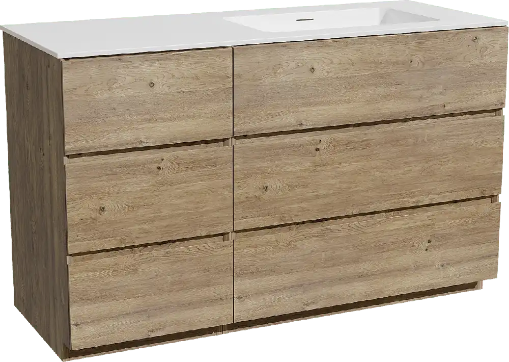 Storke Edge meuble salle de bains à poser 130 x 52 cm chêne brut avec Mata plan vasque asymétrique à droite en solid surface blanc mat
