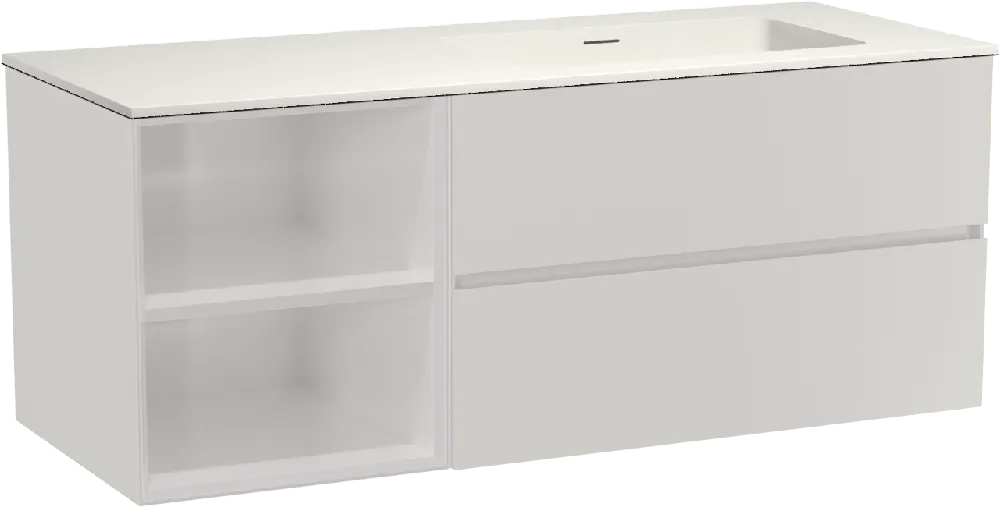 Storke Edge meuble salle de bains suspendu 130 x 52 cm blanc brillant avec Mata plan vasque asymétrique à droite en solid surface blanc mat