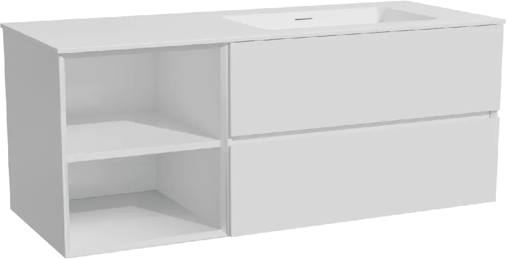 Storke Edge meuble salle de bains suspendu 130 x 52 cm blanc mat avec Mata plan vasque asymétrique à droite en solid surface blanc mat