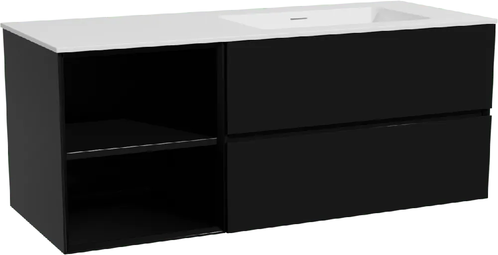 Storke Edge meuble salle de bains suspendu 130 x 52 cm noir mat avec Mata plan vasque asymétrique à droite en solid surface blanc mat