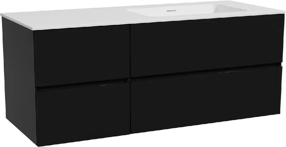 Storke Edge meuble salle de bains suspendu 130 x 52 cm noir mat avec Mata plan vasque asymétrique à droite en solid surface blanc mat