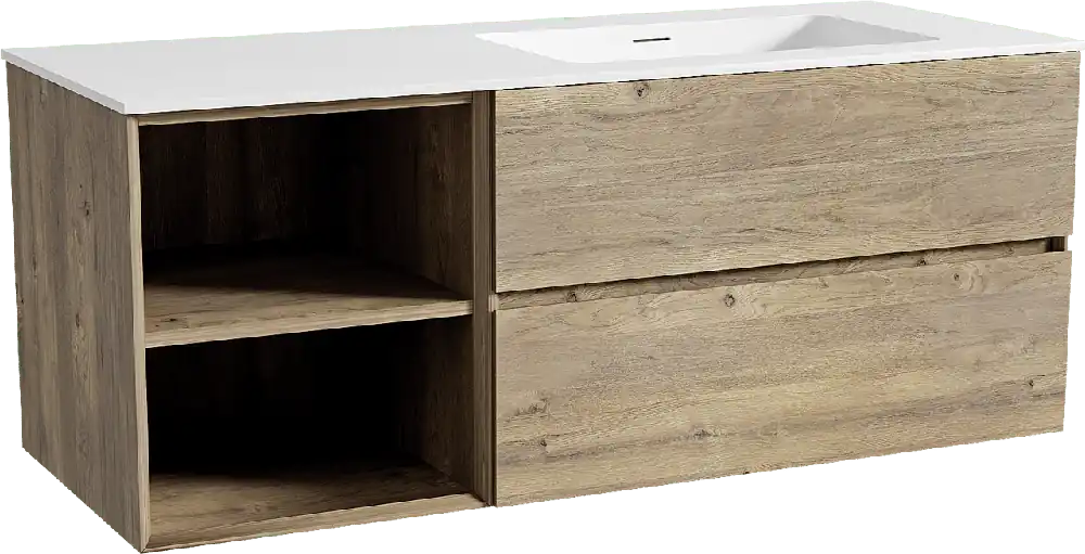 Storke Edge meuble salle de bains suspendu 130 x 52 cm chêne brut avec Mata plan vasque asymétrique à droite en solid surface blanc mat
