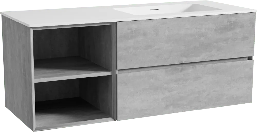 Storke Edge meuble salle de bains suspendu 130 x 52 cm béton gris foncé avec Mata plan vasque asymétrique à droite en solid surface blanc mat