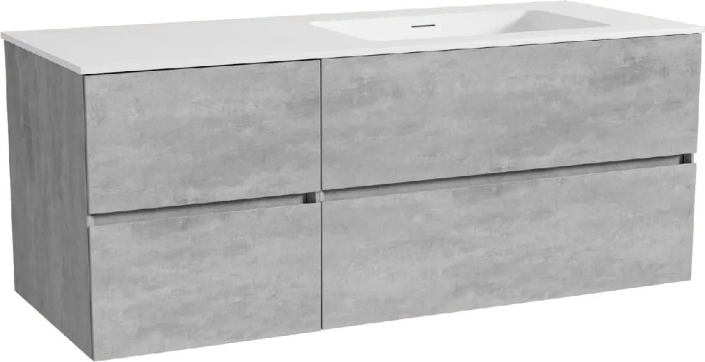 Storke Edge meuble salle de bains suspendu 130 x 52 cm béton gris foncé avec Mata plan vasque asymétrique à droite en solid surface blanc mat