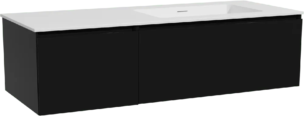 Storke Edge meuble salle de bains suspendu 130 x 52 cm noir mat avec Mata plan vasque asymétrique à droite en solid surface blanc mat