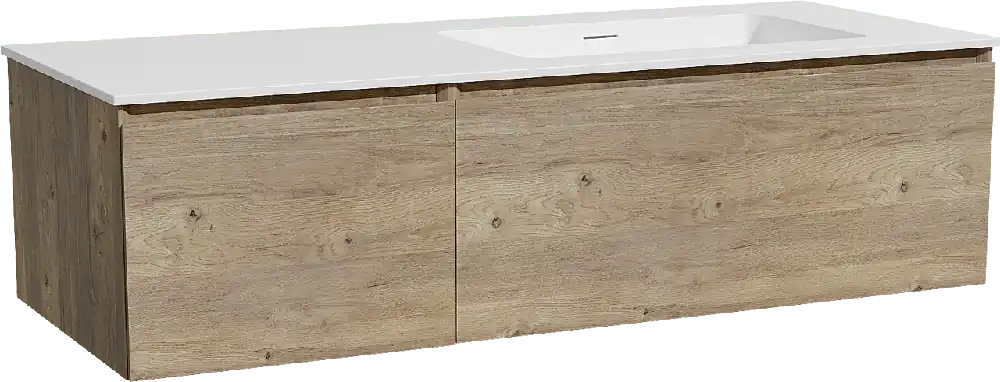 Storke Edge meuble salle de bains suspendu 130 x 52 cm chêne brut avec Mata plan vasque asymétrique à droite en solid surface blanc mat