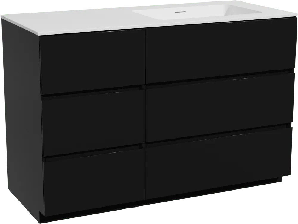 Storke Edge meuble salle de bains à poser 120 x 52 cm noir mat avec Mata plan vasque asymétrique à droite en solid surface blanc mat