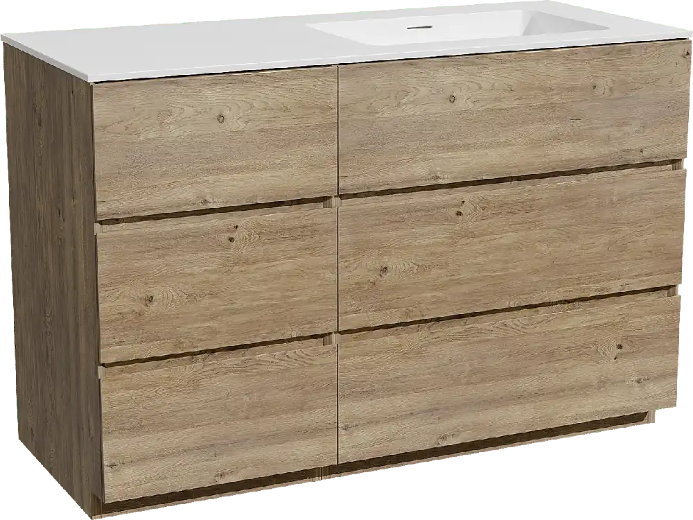 Storke Edge meuble salle de bains à poser 120 x 52 cm chêne brut avec Mata plan vasque asymétrique à droite en solid surface blanc mat