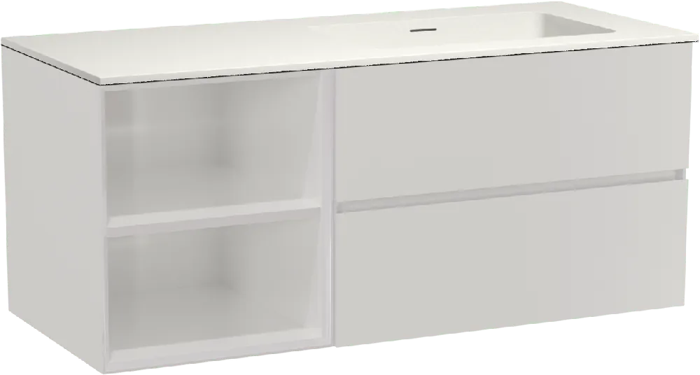 Storke Edge meuble salle de bains suspendu 120 x 52 cm blanc brillant avec Mata plan vasque asymétrique à droite en solid surface blanc mat