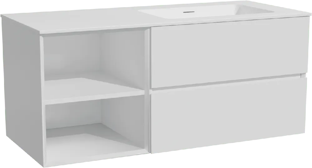 Storke Edge meuble salle de bains suspendu 120 x 52 cm blanc mat avec Mata plan vasque asymétrique à droite en solid surface blanc mat