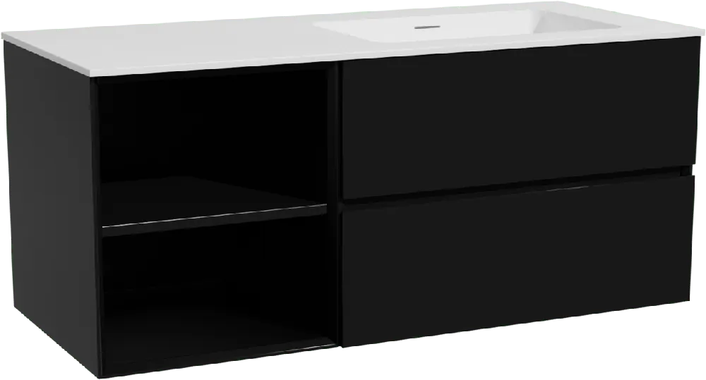 Storke Edge meuble salle de bains suspendu 120 x 52 cm noir mat avec Mata plan vasque asymétrique à droite en solid surface blanc mat