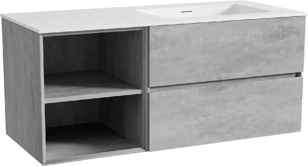 Storke Edge meuble salle de bains suspendu 120 x 52 cm béton gris foncé avec Mata plan vasque asymétrique à droite en solid surface blanc mat