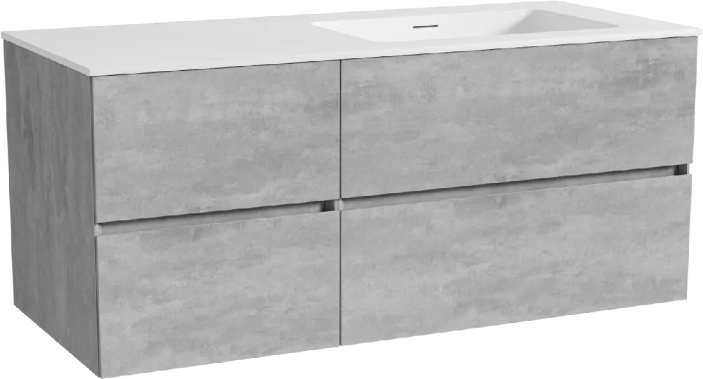 Storke Edge meuble salle de bains suspendu 120 x 52 cm béton gris foncé avec Mata plan vasque asymétrique à droite en solid surface blanc mat