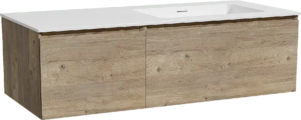 Storke Edge meuble salle de bains suspendu 120 x 52 cm chêne brut avec Mata plan vasque asymétrique à droite en solid surface blanc mat