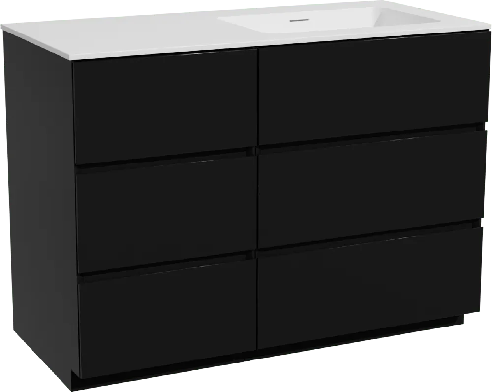 Storke Edge meuble salle de bains à poser 110 x 52 cm noir mat avec Mata plan vasque asymétrique à droite en solid surface blanc mat