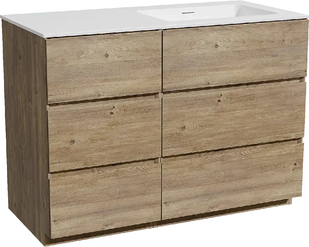 Storke Edge meuble salle de bains à poser 110 x 52 cm chêne brut avec Mata plan vasque asymétrique à droite en solid surface blanc mat