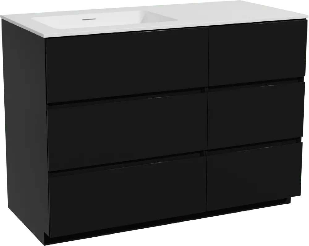 Storke Edge meuble salle de bains à poser 110 x 52 cm noir mat avec Mata plan vasque asymétrique à gauche en solid surface blanc mat