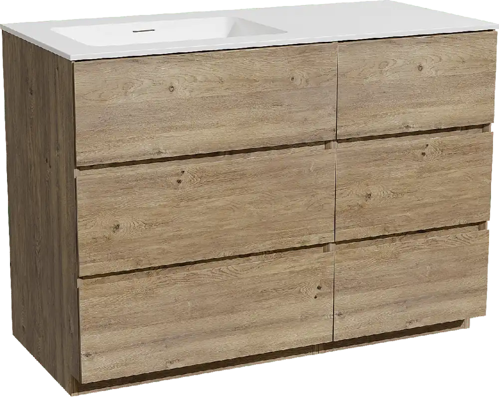 Storke Edge meuble salle de bains à poser 110 x 52 cm chêne brut avec Mata plan vasque asymétrique à gauche en solid surface blanc mat