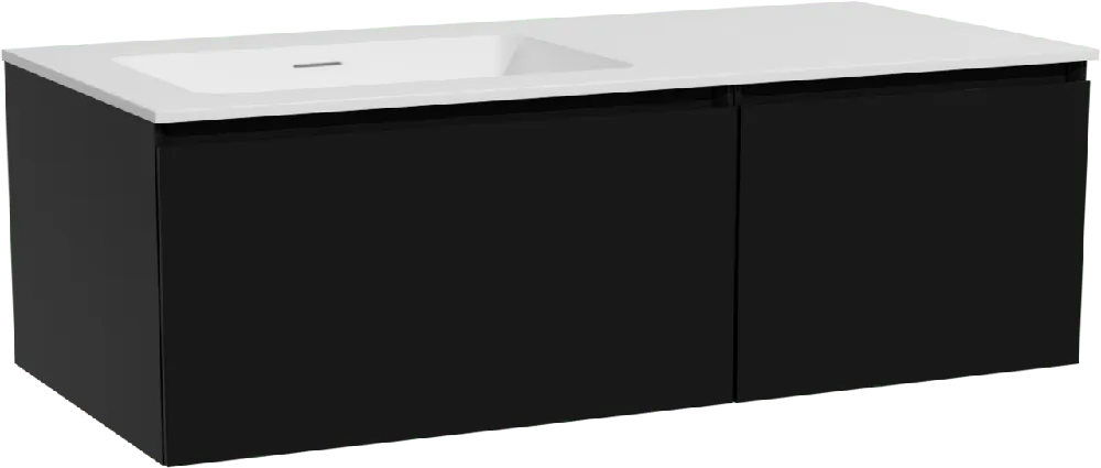Storke Edge meuble salle de bains suspendu 110 x 52 cm noir mat avec Mata plan vasque asymétrique à gauche en solid surface blanc mat