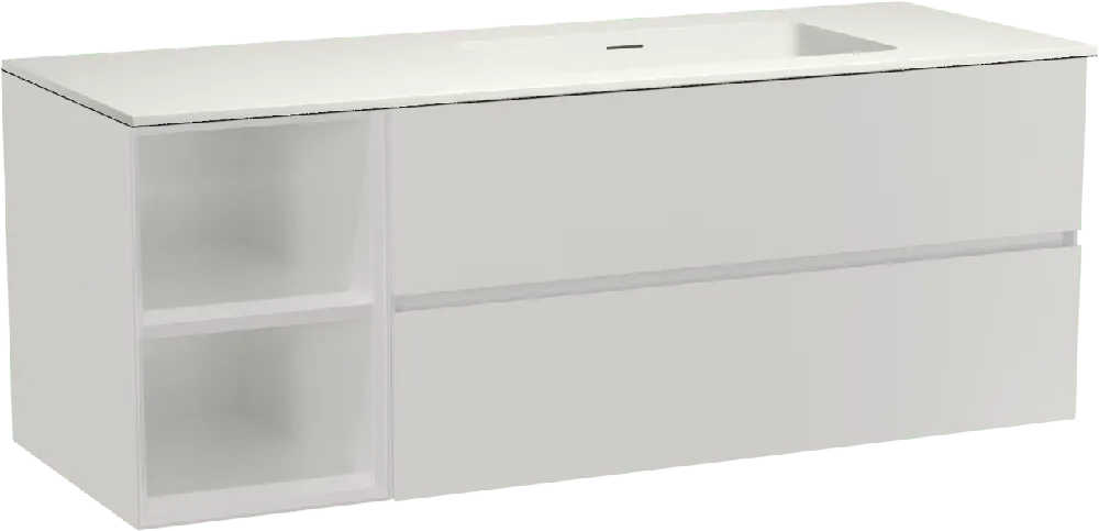 Storke Edge meuble salle de bains suspendu 140 x 52 cm blanc brillant avec Mata plan vasque asymétrique à droite en solid surface blanc mat