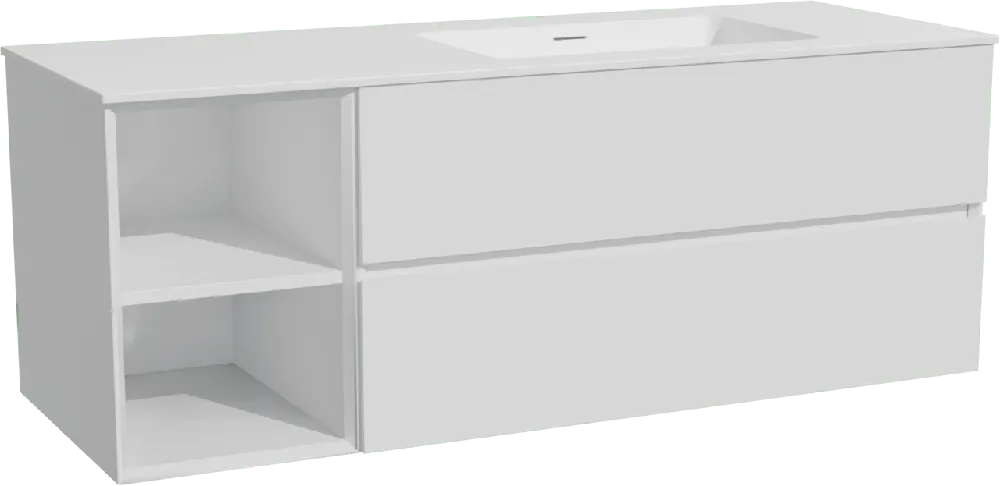 Storke Edge meuble salle de bains suspendu 140 x 52 cm blanc mat avec Mata plan vasque asymétrique à droite en solid surface blanc mat