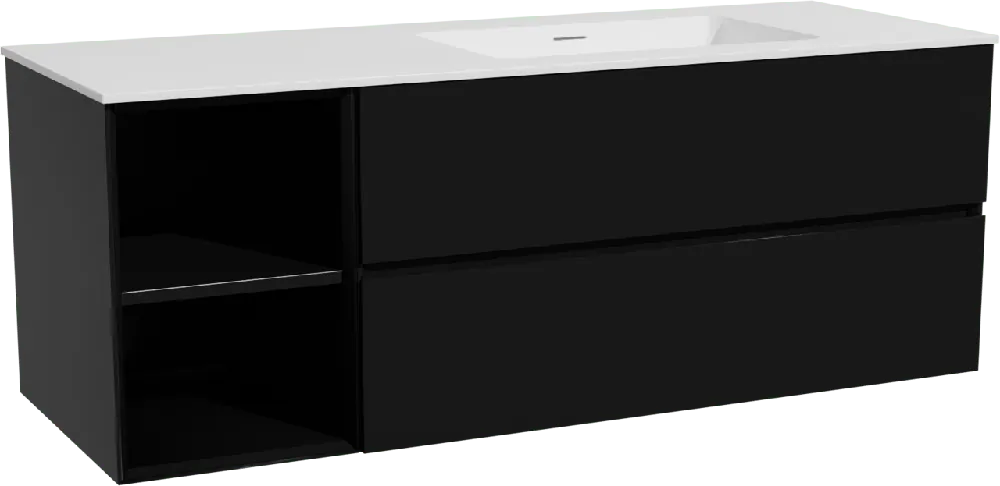 Storke Edge meuble salle de bains suspendu 140 x 52 cm noir mat avec Mata plan vasque asymétrique à droite en solid surface blanc mat