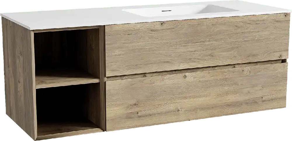 Storke Edge meuble salle de bains suspendu 140 x 52 cm chêne brut avec Mata plan vasque asymétrique à droite en solid surface blanc mat
