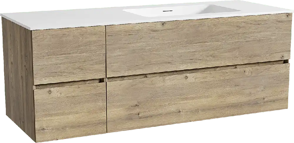 Storke Edge meuble salle de bains suspendu 140 x 52 cm chêne brut avec Mata plan vasque asymétrique à droite en solid surface blanc mat