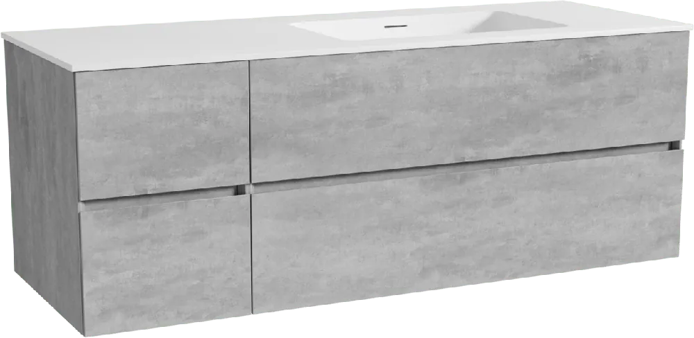 Storke Edge meuble salle de bains suspendu 140 x 52 cm béton gris foncé avec Mata plan vasque asymétrique à droite en solid surface blanc mat