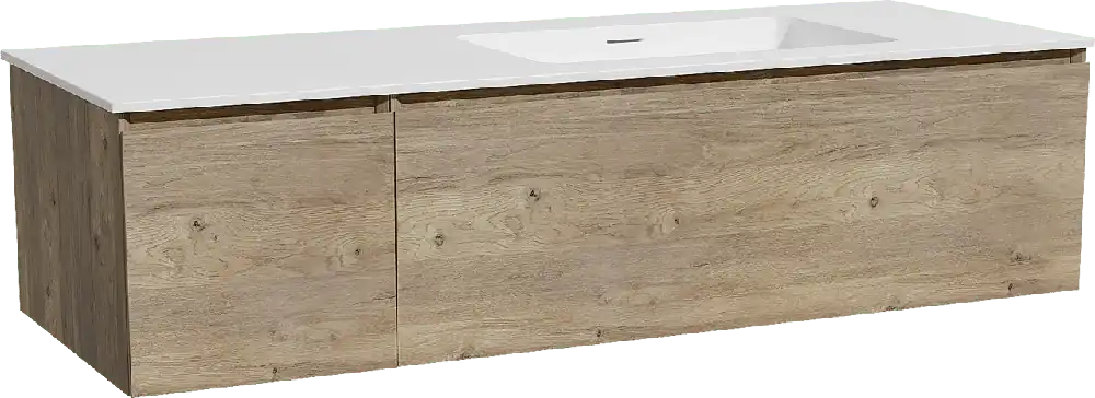 Storke Edge meuble salle de bains suspendu 140 x 52 cm chêne brut avec Mata plan vasque asymétrique à droite en solid surface blanc mat