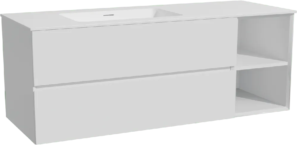 Storke Edge meuble salle de bains suspendu 140 x 52 cm blanc mat avec Mata plan vasque asymétrique à gauche en solid surface blanc mat