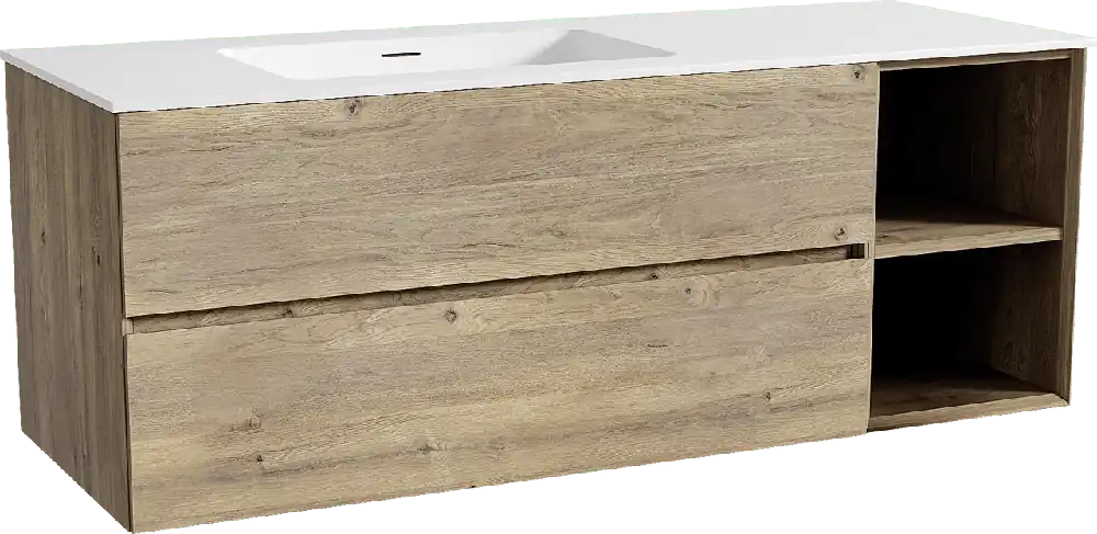 Storke Edge meuble salle de bains suspendu 140 x 52 cm chêne brut avec Mata plan vasque asymétrique à gauche en solid surface blanc mat