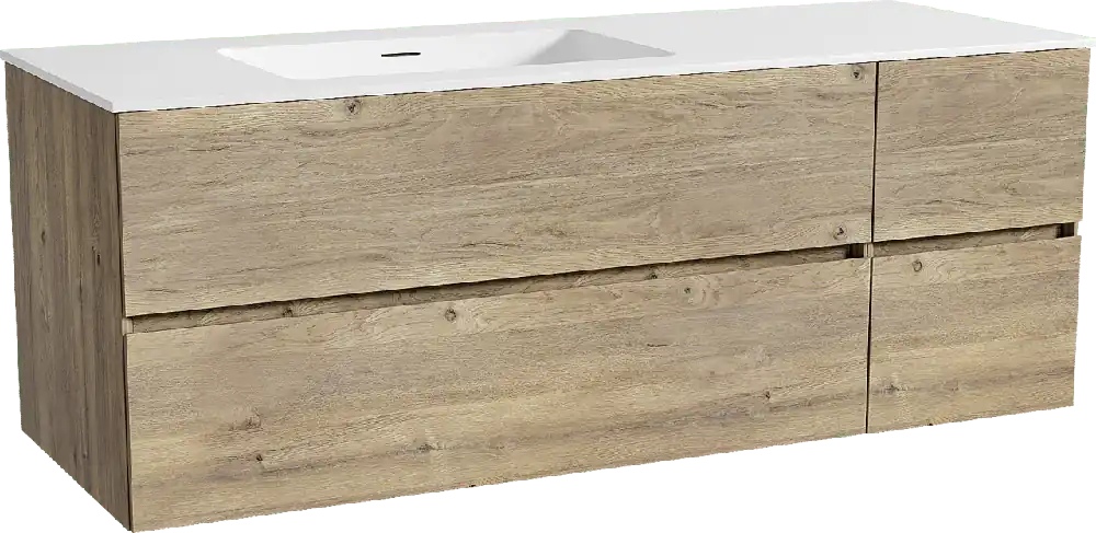 Storke Edge meuble salle de bains suspendu 140 x 52 cm chêne brut avec Mata plan vasque asymétrique à gauche en solid surface blanc mat
