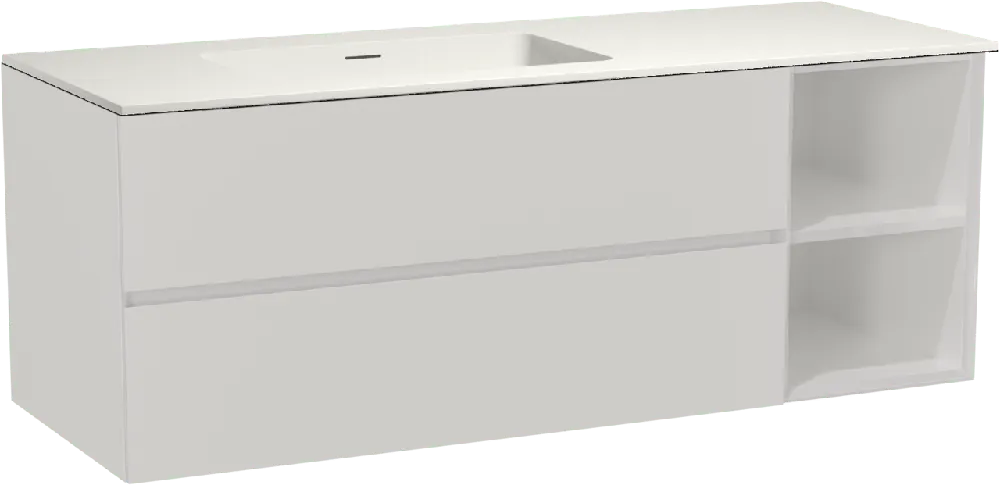 Storke Edge meuble salle de bains suspendu 140 x 52 cm blanc brillant avec Mata plan vasque asymétrique à gauche en solid surface blanc mat