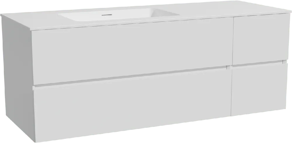 Storke Edge meuble salle de bains suspendu 140 x 52 cm blanc brillant avec Mata plan vasque asymétrique à gauche en solid surface blanc mat