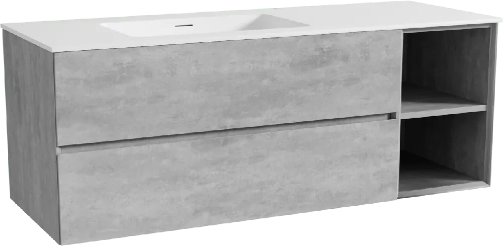 Storke Edge meuble salle de bains suspendu 140 x 52 cm béton gris foncé avec Mata plan vasque asymétrique à gauche en solid surface blanc mat