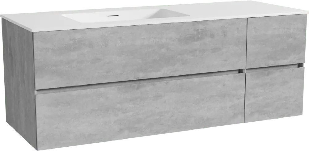 Storke Edge meuble salle de bains suspendu 140 x 52 cm béton gris foncé avec Mata plan vasque asymétrique à gauche en solid surface blanc mat